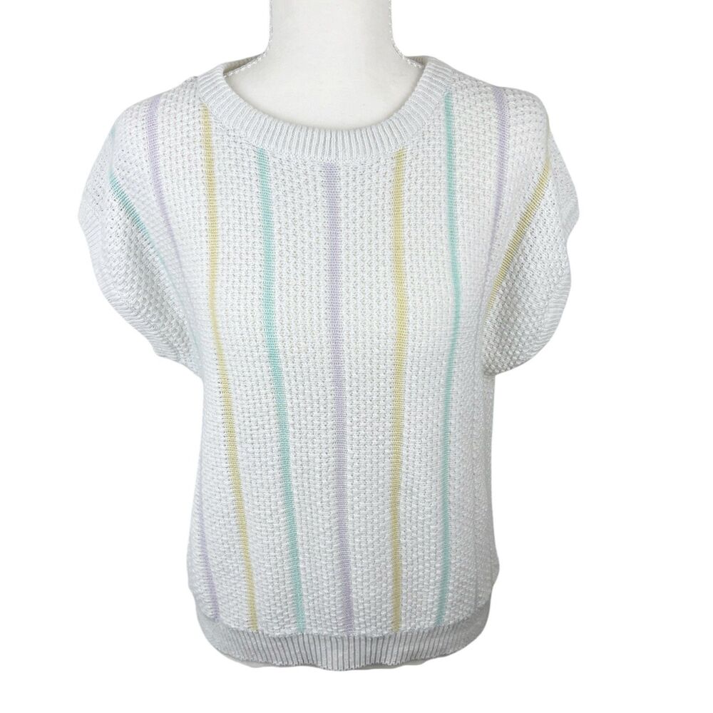 Vintage Fire Islander Sweater Women Large White Pastel Stripe Short Sleeve Ramie